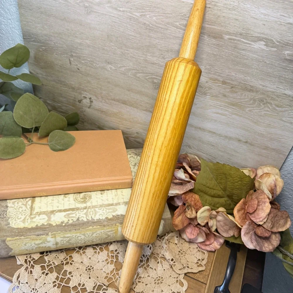 Vintage Style Wooden Rolling Pin Natural Grain Farmhouse Kitchen Baking Tool